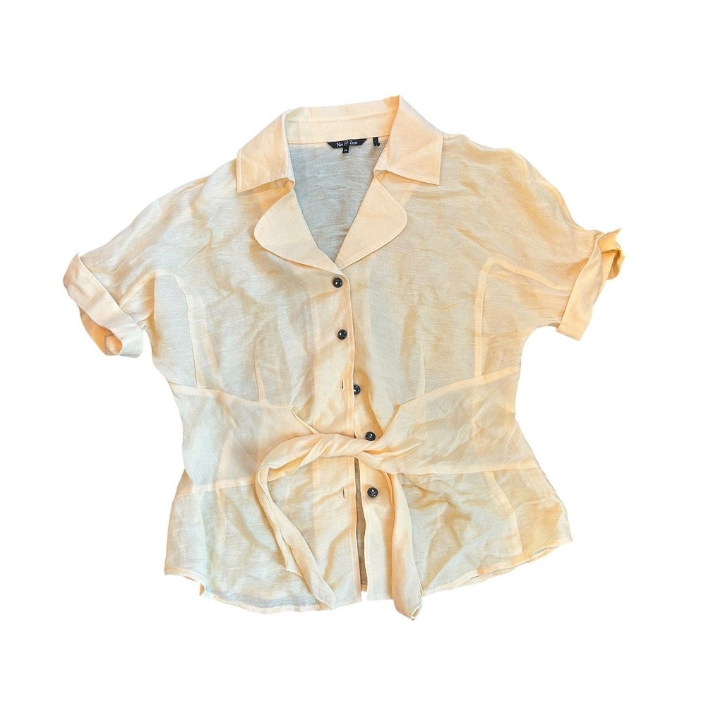 NIC+ZOE Silk Linen‎ Blend Blouse Top Tie Front Short Sleeve Butter Yellow Medium